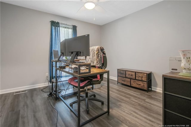 office space with a ceiling fan, wood finished floors, visible vents, and baseboards