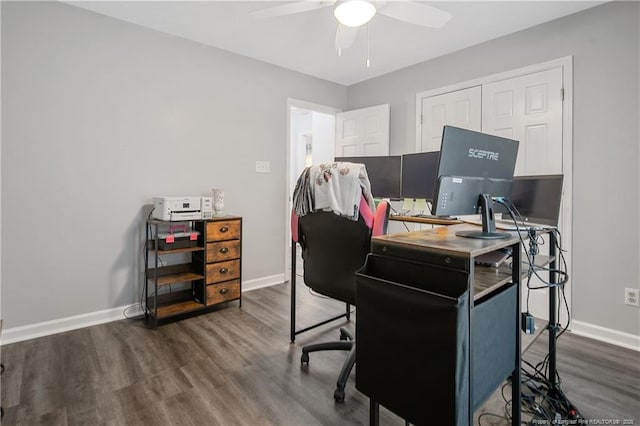 office space with ceiling fan, baseboards, and dark wood-type flooring