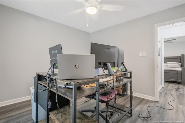 office area featuring ceiling fan, wood finished floors, and baseboards