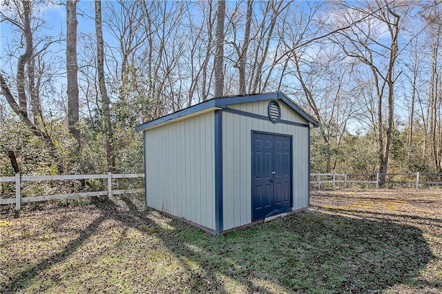 view of shed with a fenced backyard