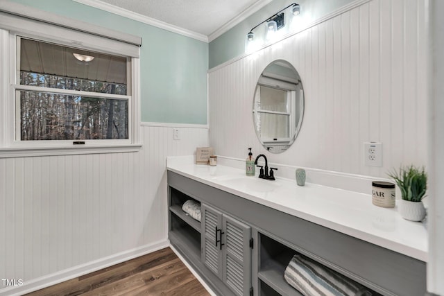 bathroom featuring a wainscoted wall, ornamental molding, vanity, a textured ceiling, and wood finished floors