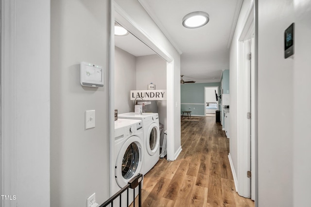 clothes washing area featuring light wood-style floors, washing machine and dryer, ceiling fan, laundry area, and baseboards