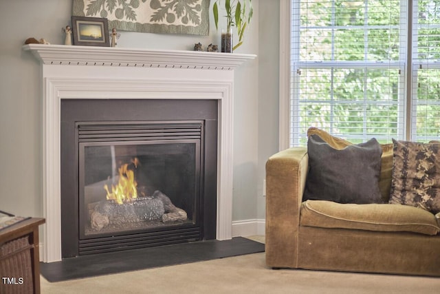room details featuring a fireplace with flush hearth, baseboards, and carpet floors