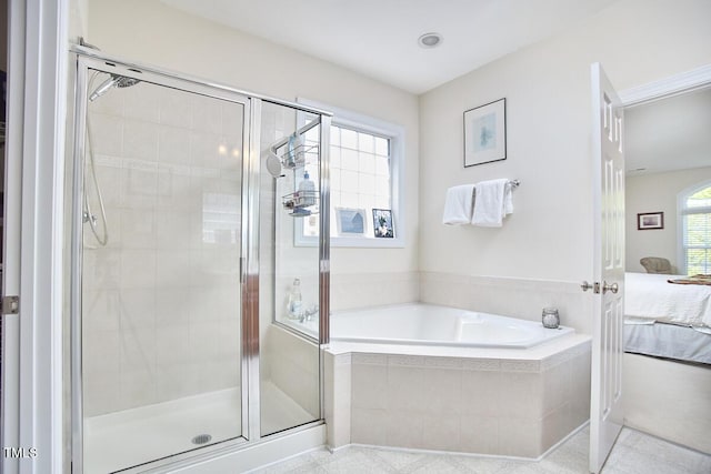 ensuite bathroom with a bath, a stall shower, and connected bathroom