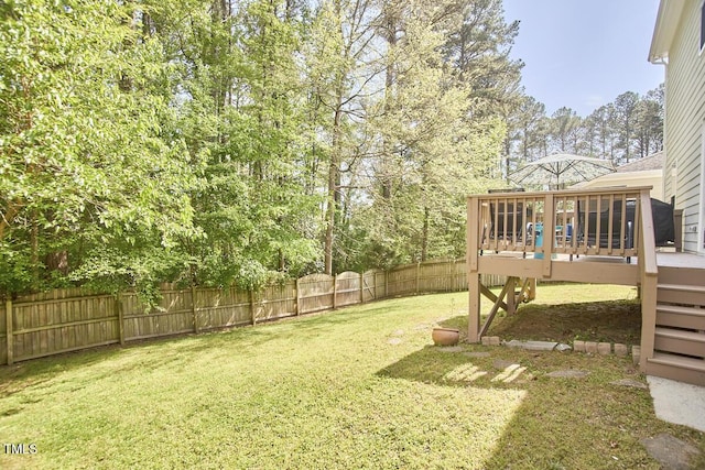 view of yard featuring fence private yard and a wooden deck
