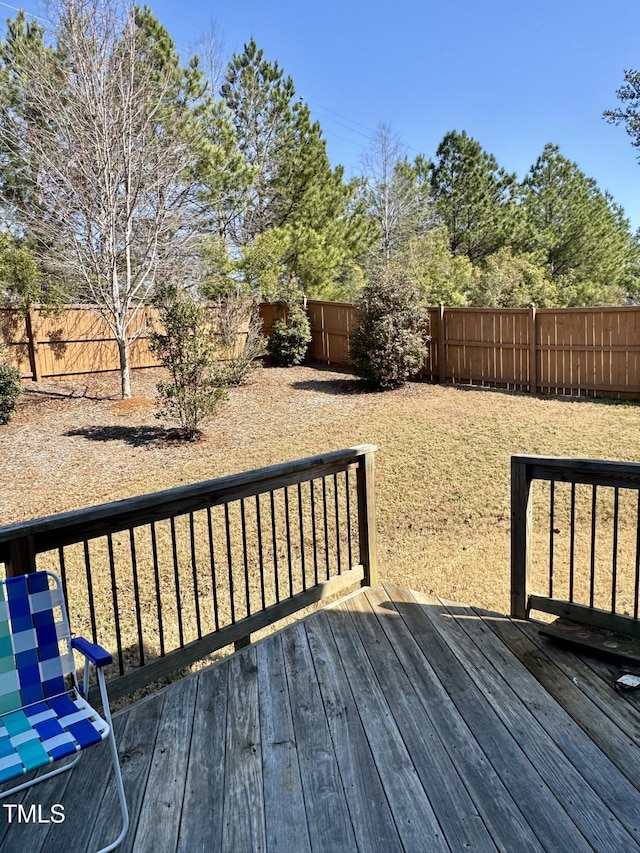 wooden terrace with a fenced backyard