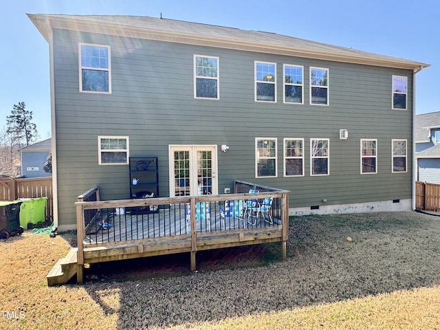 rear view of property with crawl space, fence, and a wooden deck