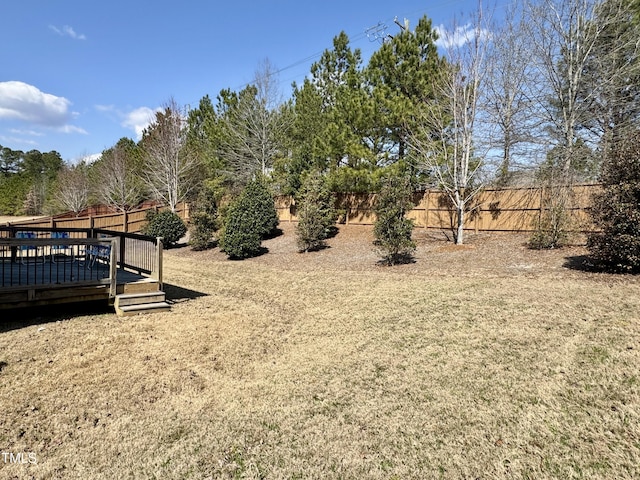 view of yard featuring a fenced backyard and a wooden deck