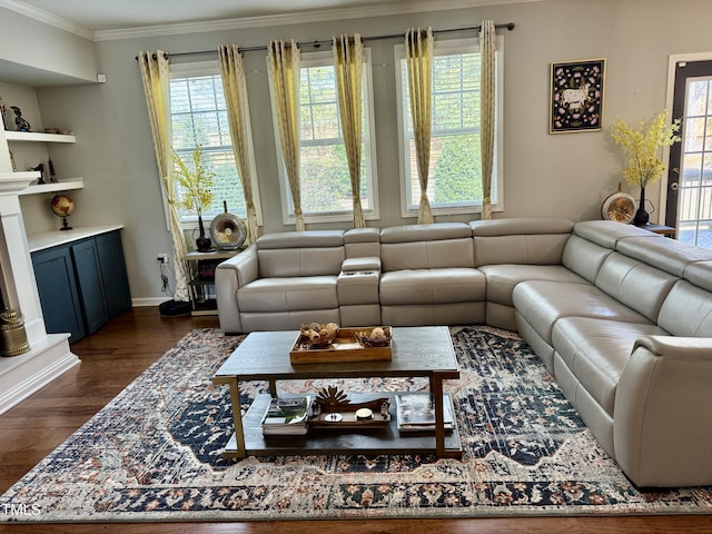 living area with built in features, baseboards, a fireplace with raised hearth, ornamental molding, and dark wood-style flooring