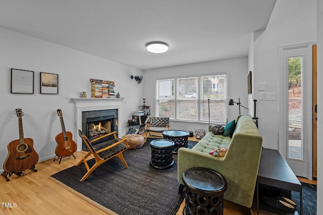 living area with a fireplace, baseboards, and wood finished floors