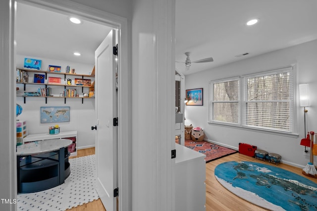 bathroom featuring visible vents, wood finished floors, recessed lighting, baseboards, and ceiling fan