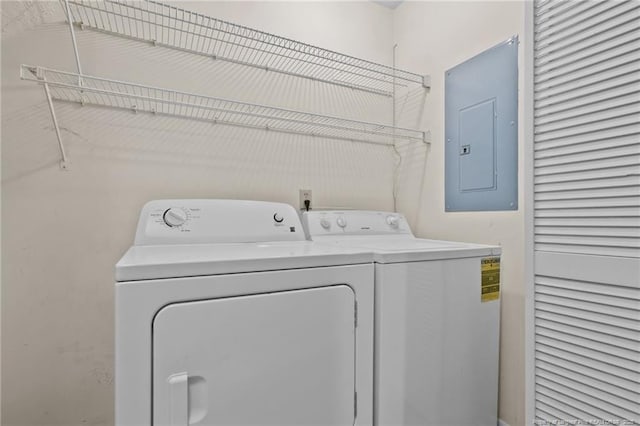 laundry area featuring electric panel and washing machine and clothes dryer