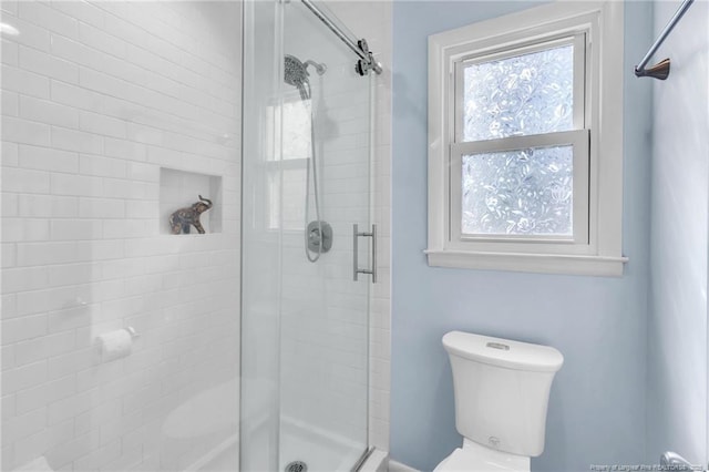 bathroom with toilet and a shower stall