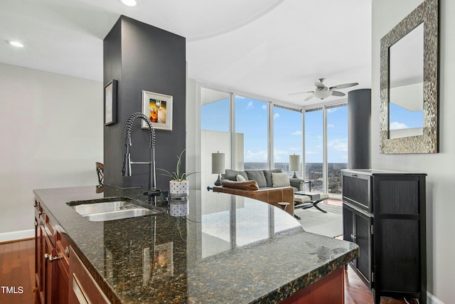 kitchen with baseboards, ceiling fan, dark wood-style flooring, expansive windows, and a sink