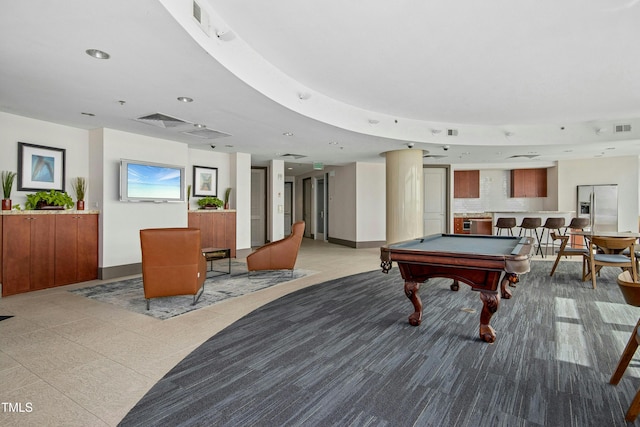 rec room with recessed lighting, pool table, visible vents, and baseboards