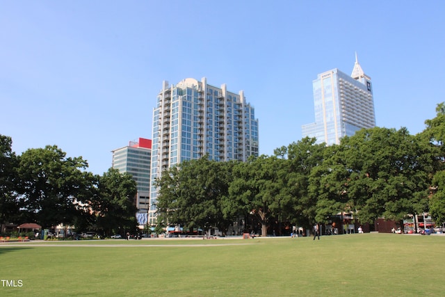 view of property's community featuring a view of city and a lawn