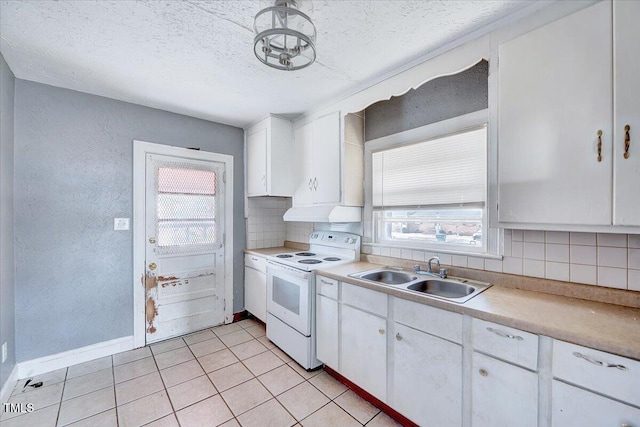 kitchen featuring white cabinets, a sink, decorative backsplash, and white electric range oven