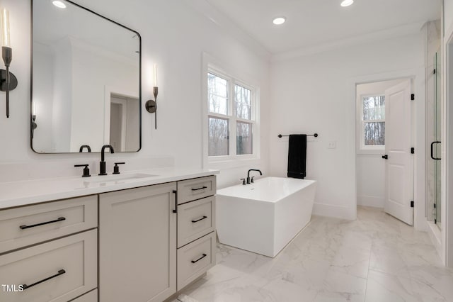 1124 Westridge Rd, Rougemont, NC 27572 - full bathroom with recessed lighting, a healthy amount of sunlight, marble finish floor, and a freestanding tub