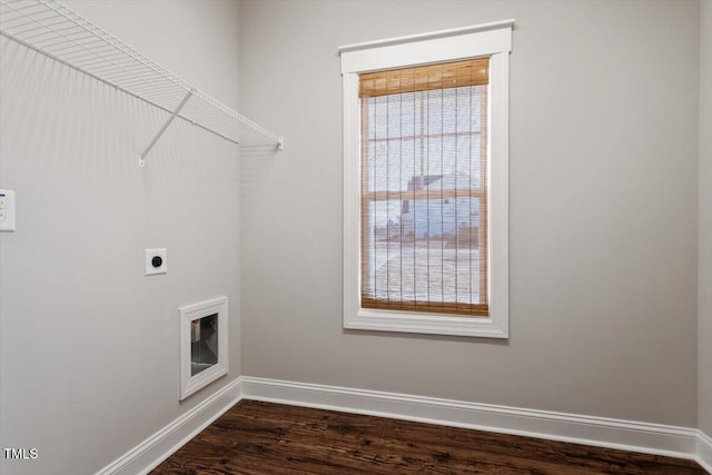 laundry room with laundry area, baseboards, dark wood-style floors, and electric dryer hookup