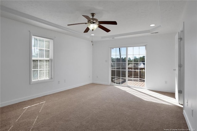 empty room with a tray ceiling, carpet, visible vents, and baseboards