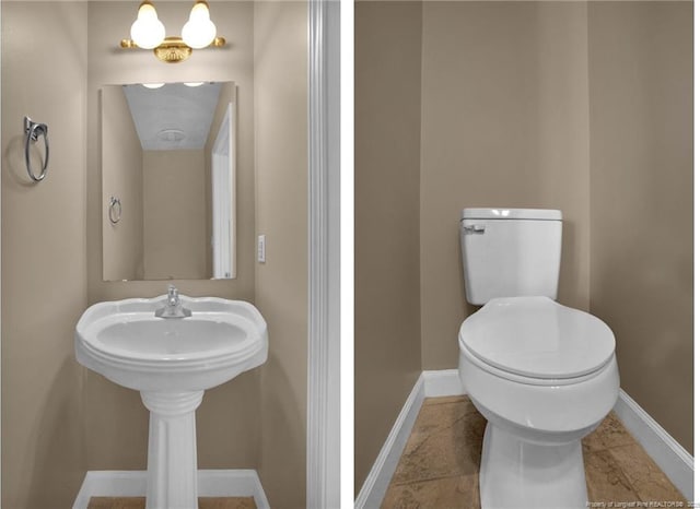 half bathroom featuring tile patterned flooring, baseboards, and toilet