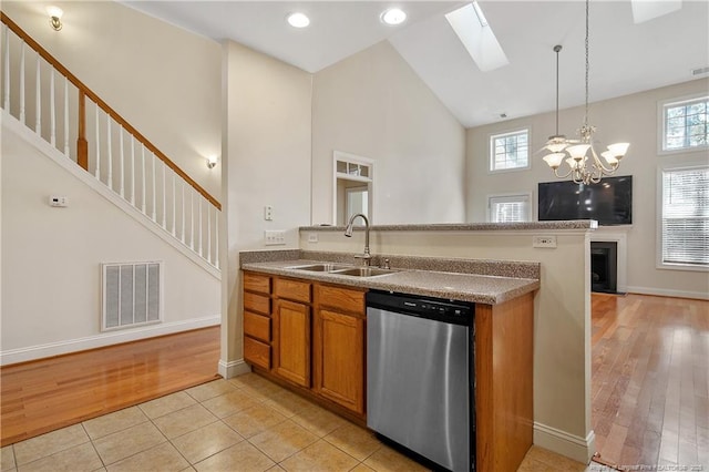 kitchen featuring visible vents, stainless steel dishwasher, brown cabinetry, open floor plan, and a sink