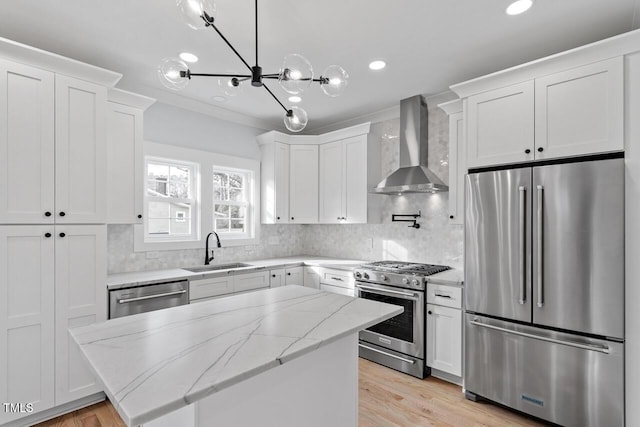 kitchen featuring a kitchen island, wall chimney range hood, white cabinets, stainless steel appliances, and a sink