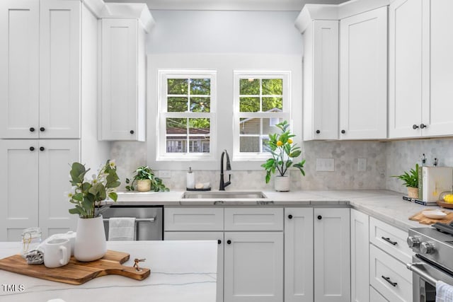 kitchen with white cabinets, light stone countertops, a sink, and tasteful backsplash