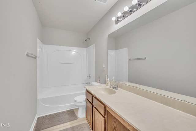 full bathroom with toilet, visible vents, shower / washtub combination, and vanity