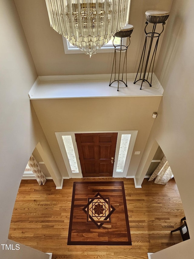 entrance foyer featuring wood finished floors, baseboards, and a towering ceiling