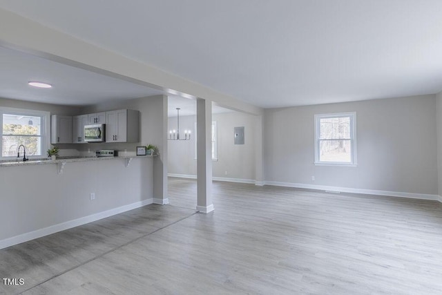 unfurnished living room with baseboards, electric panel, and a healthy amount of sunlight