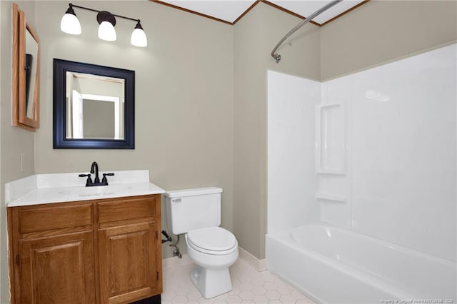 full bathroom featuring shower / bathtub combination, tile patterned flooring, toilet, vanity, and baseboards