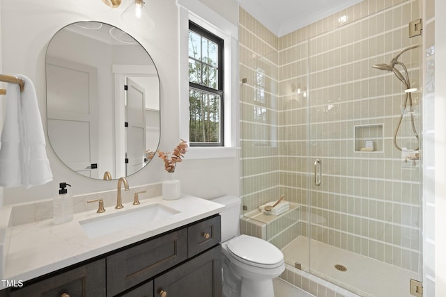 bathroom featuring a shower stall, toilet, and vanity