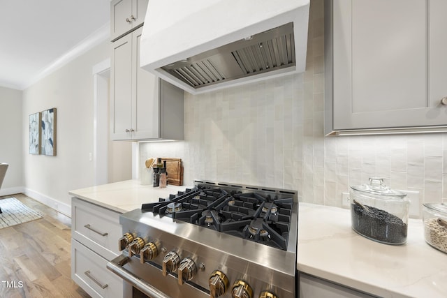 kitchen with light wood-type flooring, premium range hood, high end stainless steel range oven, and decorative backsplash