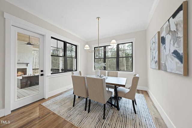 dining space featuring a fireplace, crown molding, baseboards, and wood finished floors