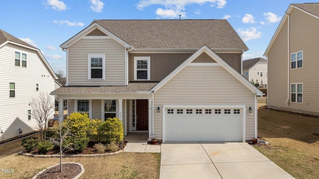 717 Tailrace Falls Ct, Wake Forest, NC 27587 - traditional-style home featuring a shingled roof, a porch, concrete driveway, and a garage