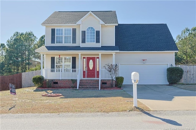 traditional-style house with driveway, crawl space, an attached garage, fence, and a porch