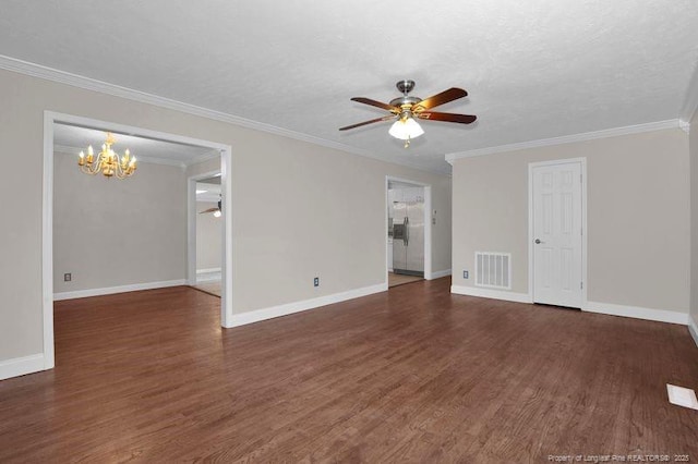 unfurnished living room with a ceiling fan, baseboards, visible vents, and wood finished floors