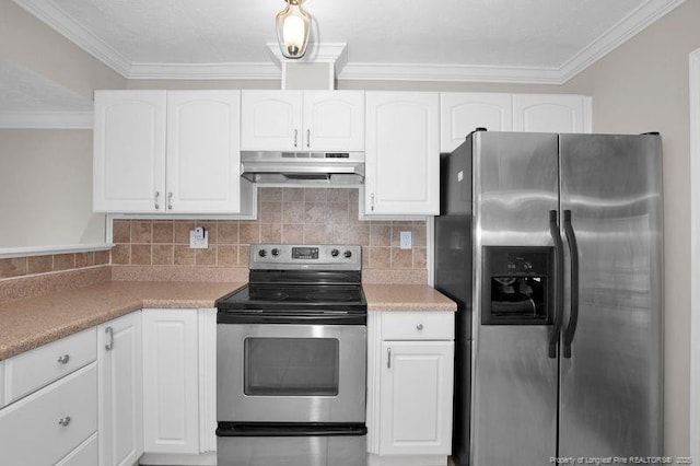 kitchen featuring under cabinet range hood, appliances with stainless steel finishes, and white cabinets