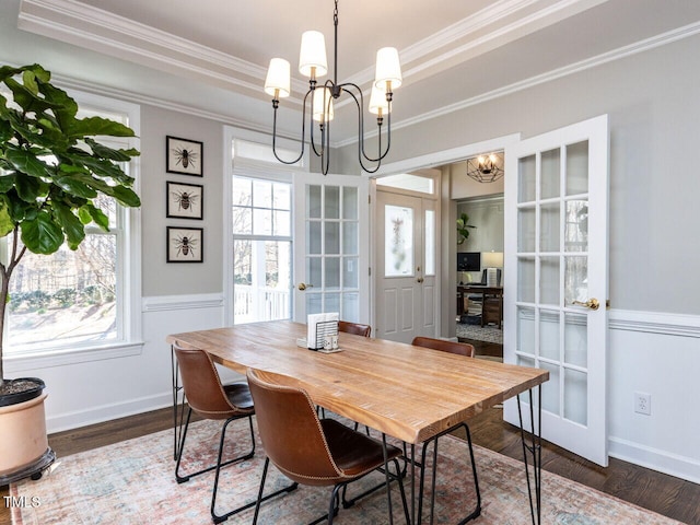 dining room with wood finished floors, a raised ceiling, a healthy amount of sunlight, and a chandelier