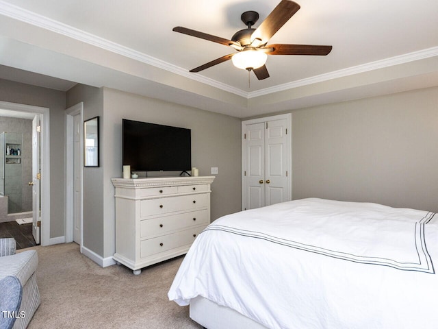 bedroom featuring baseboards, light colored carpet, ornamental molding, and a ceiling fan