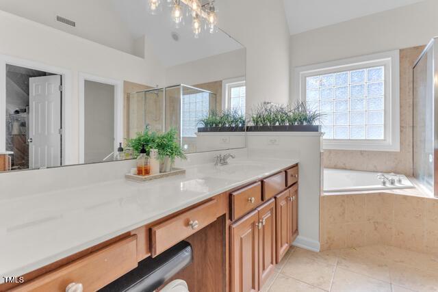 full bath featuring a stall shower, visible vents, plenty of natural light, and vanity