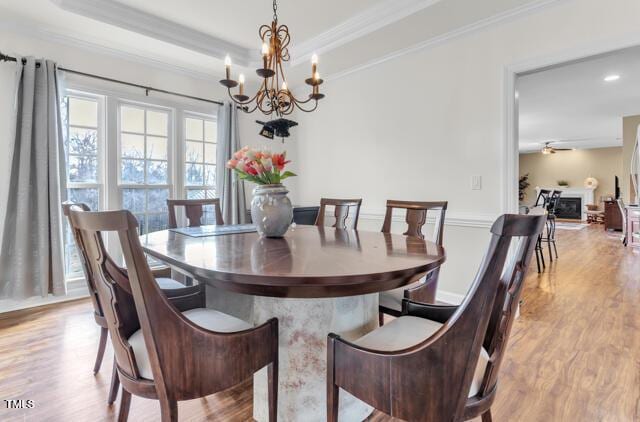 dining room featuring baseboards, a raised ceiling, wood finished floors, crown molding, and a fireplace