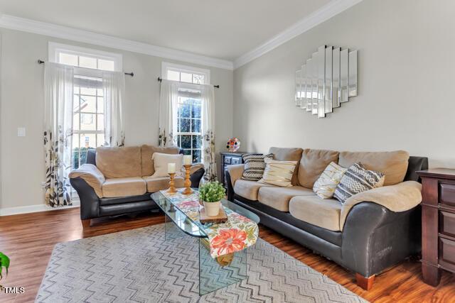 living area featuring baseboards, crown molding, and wood finished floors