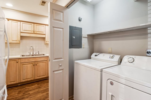 laundry area featuring laundry area, electric panel, visible vents, separate washer and dryer, and a sink