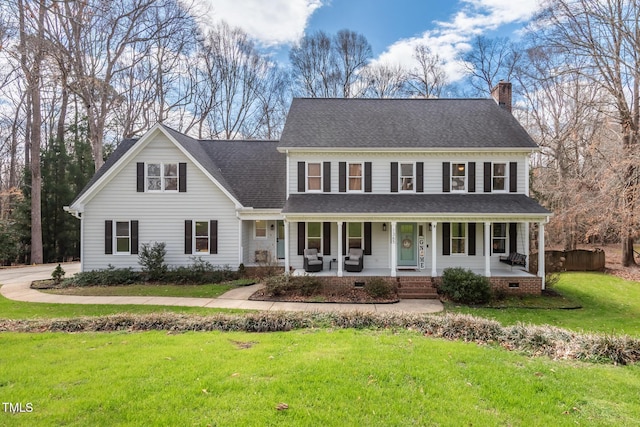 view of front of property with a front lawn, a porch, a shingled roof, crawl space, and a chimney