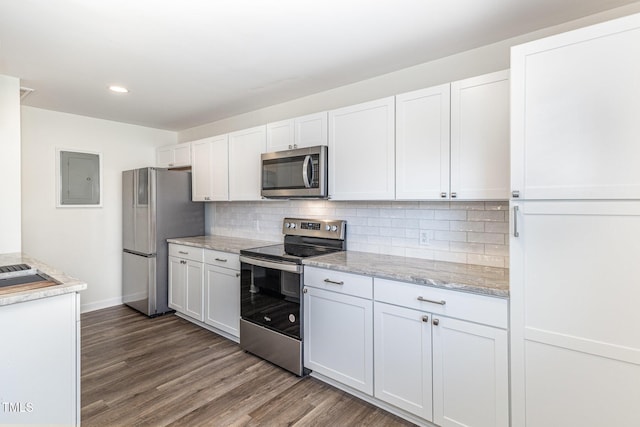 kitchen with white cabinetry, electric panel, dark wood-style flooring, and appliances with stainless steel finishes