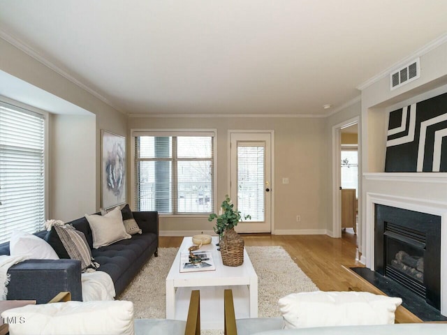 living area with visible vents, crown molding, baseboards, a fireplace with flush hearth, and wood finished floors