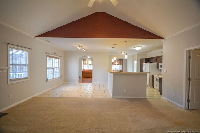 unfurnished living room featuring crown molding, lofted ceiling, light colored carpet, light tile patterned flooring, and baseboards