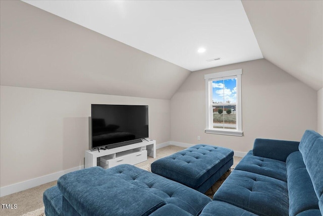 living room featuring vaulted ceiling, carpet flooring, visible vents, and baseboards